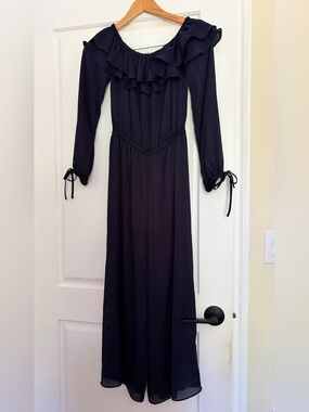 Michael Kors Black Ruffle-Trim Long Sleeve Jumpsuit (XS)